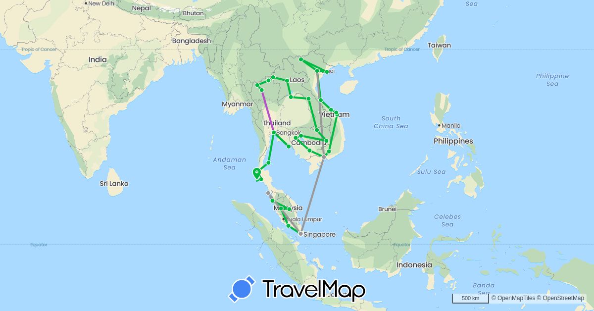 TravelMap itinerary: driving, bus, plane, train in Cambodia, Laos, Malaysia, Singapore, Thailand, Vietnam (Asia)